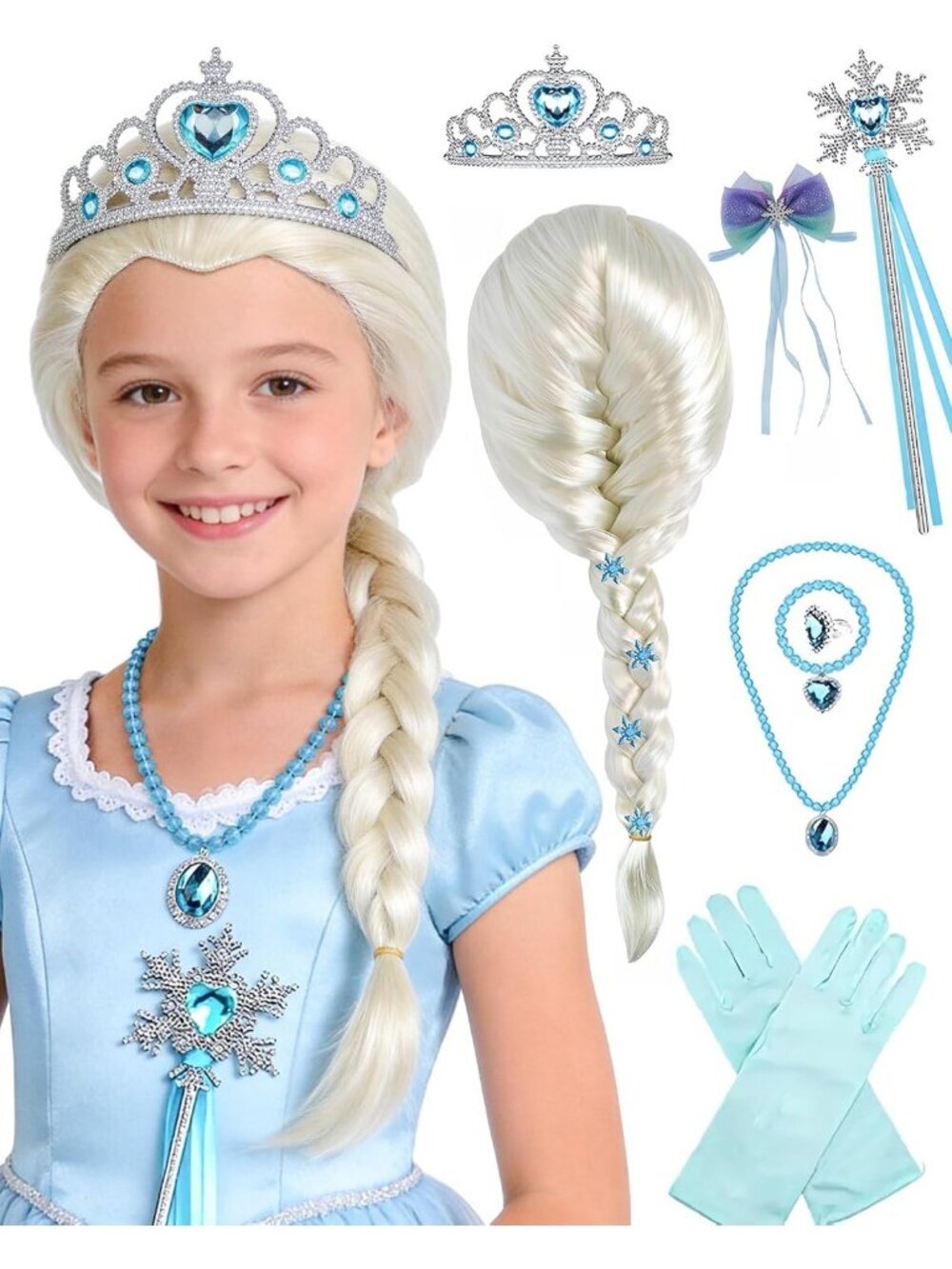 14 Pcs Long Platinum Blonde Braided Wig Set for Princess Cosplay & Costume